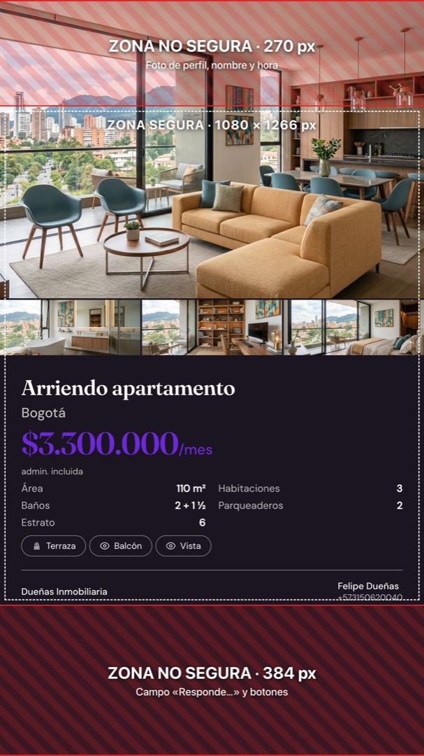 Pieza de 1080 × 1920 con las zonas no seguras marcadas: 270 px arriba y 384 px abajo